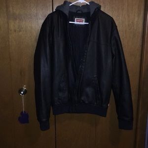 Levi’s black hooded faux-leather jacket.